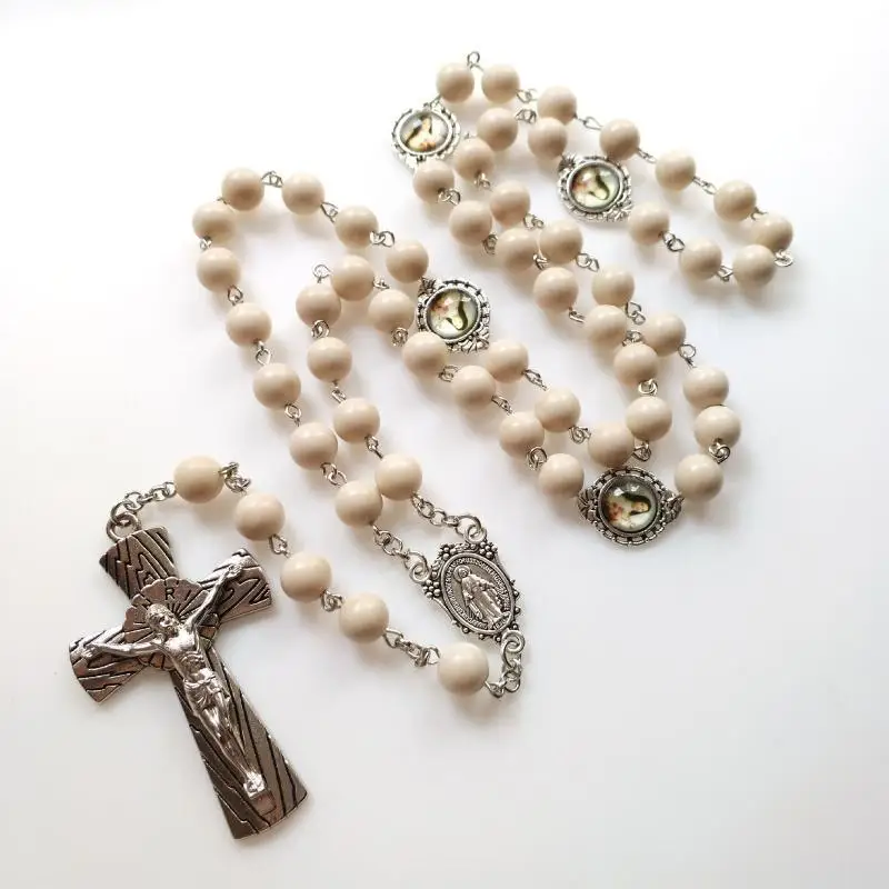 E8BD Catholic White Beads Rosary Necklace Virgin Mary & for Cross Pendant for Baptism Communion Weddings Party
