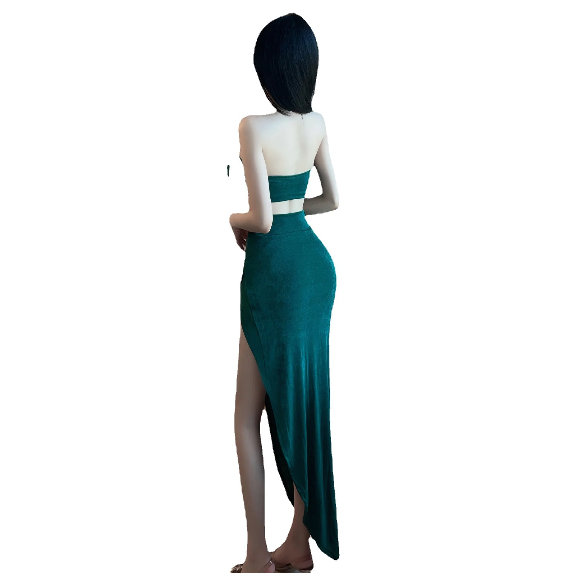 Summer New Women\'s Vintage Temperament Dark Green High Split Long Dress Wrapped Chest Sexy Fashion Elegant Hollow Set 8879