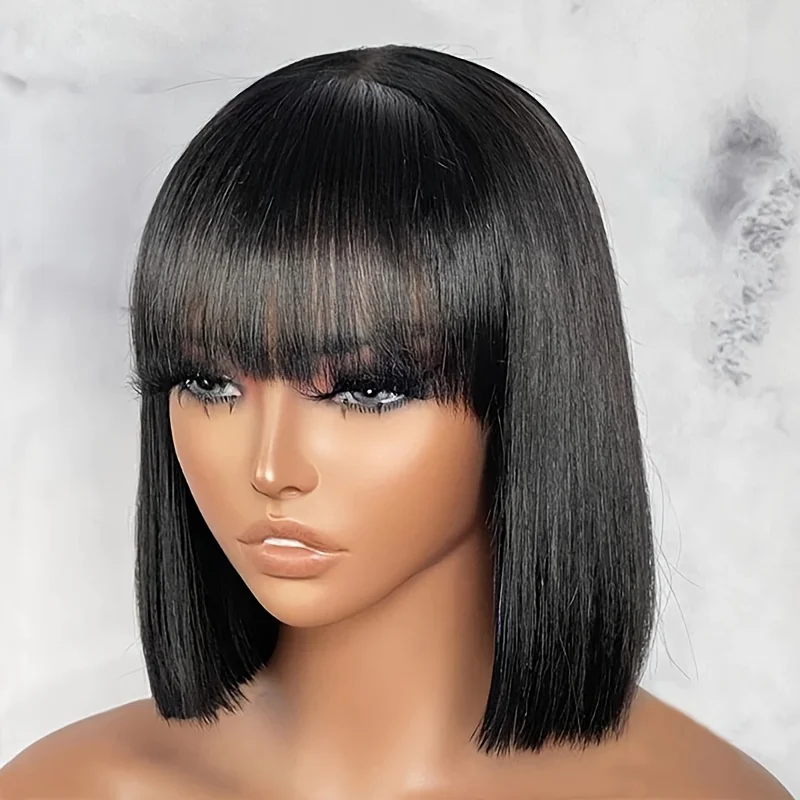 

Short Bob Wig With Bang 100% Straight Human Hair Full End Machine Made Fringe Wear And Go 8-16 Inch Bob Brazilian Wigs