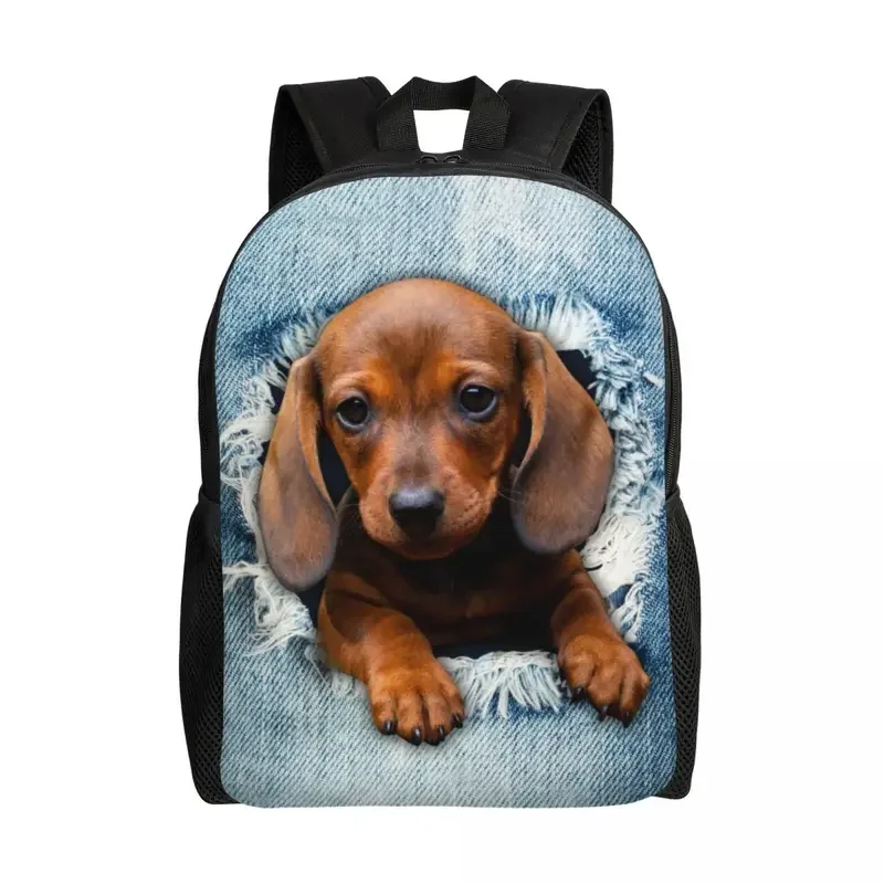 Mochila de viaje Dachshund Dog Torn Jean para hombres y mujeres, bolsa de libros para computadora escolar, Wiener, Badger, salchicha, perro, bolsas de día para estudiantes universitarios