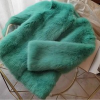 2024 Women Winter Mint Green Hairy Shaggy Faux Fox Fur Coat Elegant O Neck Collarless Long sleeve Furry Elegant Midi Outerwear