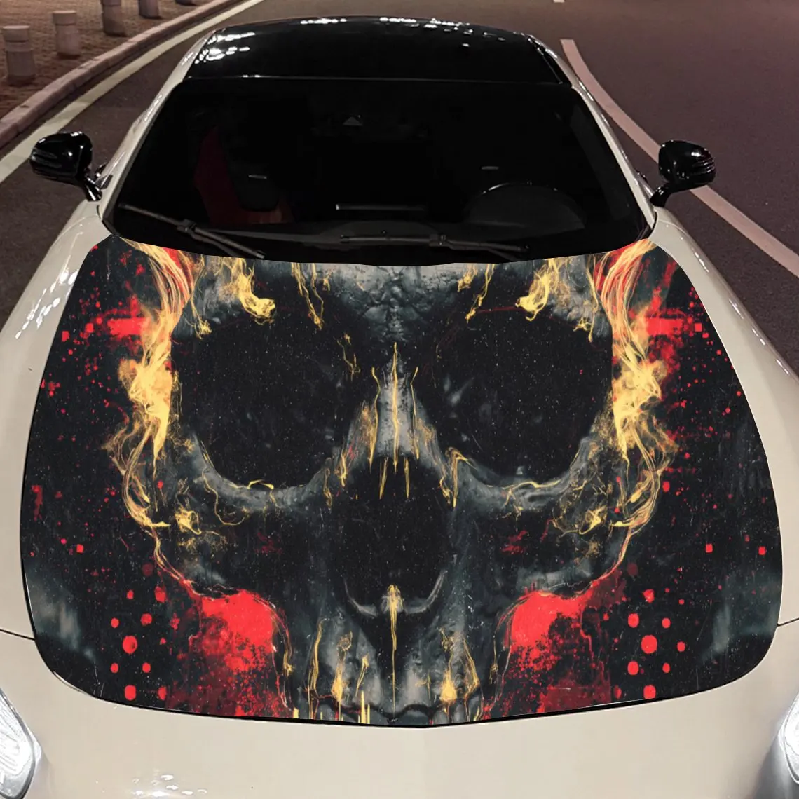 Red Splatter and Golden Flame Skull Car Hood Sticker, Waterproof Self-adhesive Vehicle Vinyl Wraps Decal, Trendy Auto Exterior D