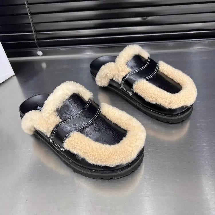 2025 Winter Casual Fashion Women\'s Shoes Lamb Velvet Thick-soled Baotou Slippers Women\'s Flat-soled Warm Mules Zapatos De Mujer