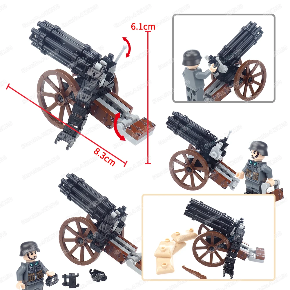 Military Wheel Gatling Gun Building Block Assembled Moc WW2 Figures Charge Weapons Equipment War Scenes Model Child Gift Boy Toy