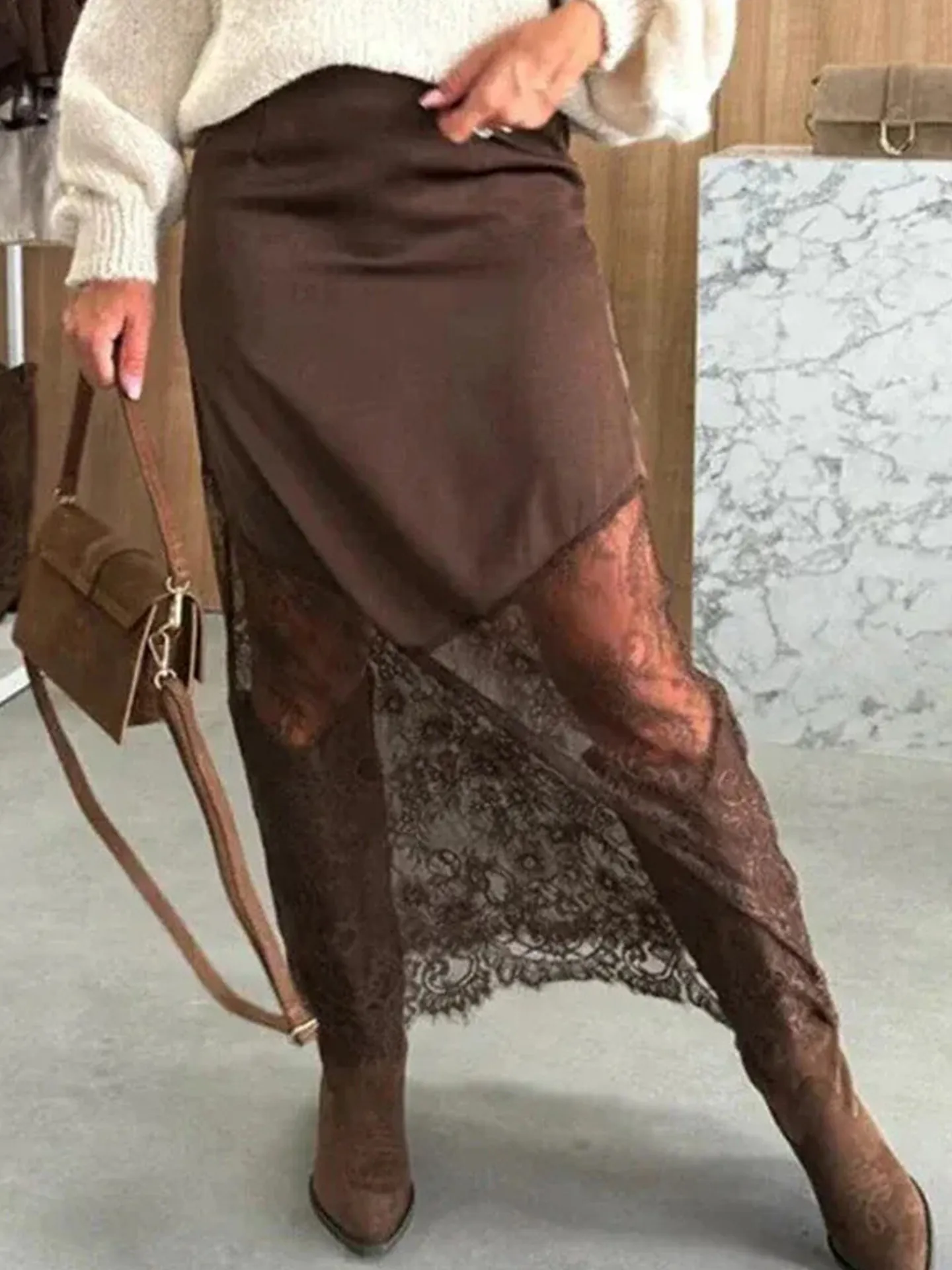 DearLover High Waist Lace Splicing Hollow out Women's  Skirt Vintage Style Breathable Polyester Straight Cut Citywalk