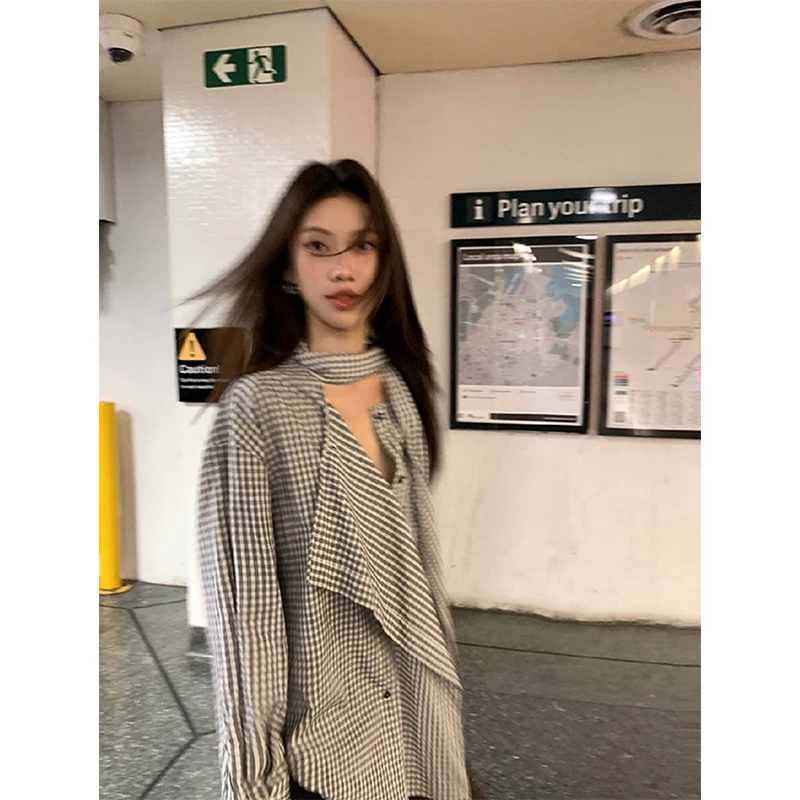 

MEXZT Streetwear Plaid Shirts Women Harajuku Tie Patchwork Blouses Summer Ladies Fashion Korean Long Sleeve Casual Design Tops