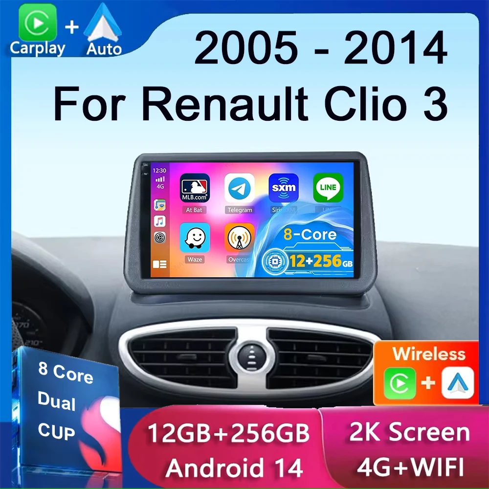 12G+256G Android 14 For Renault Clio 3 2005-2014 2K QLED Car Radio Multimedia Video Player AI Voice CarPlay 4G Stereo Navigation