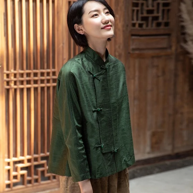 Dark Green Chinese Collar Long Sleeves Ethnic Style Shirt Women Cheongsam Top Tang Suit Vintage Femme Traditional China Blouse