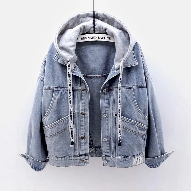 

Women Autumn New Korean Fashion Hooded Denim Jacket Big Pocket Oversize Outwear Short Coat Casual Top Jaqueta Feminina