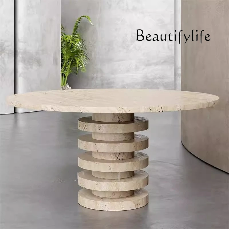 

Natural travertine special-shaped dining table designer wabi-sabi artistic round 1.2-meter dining table