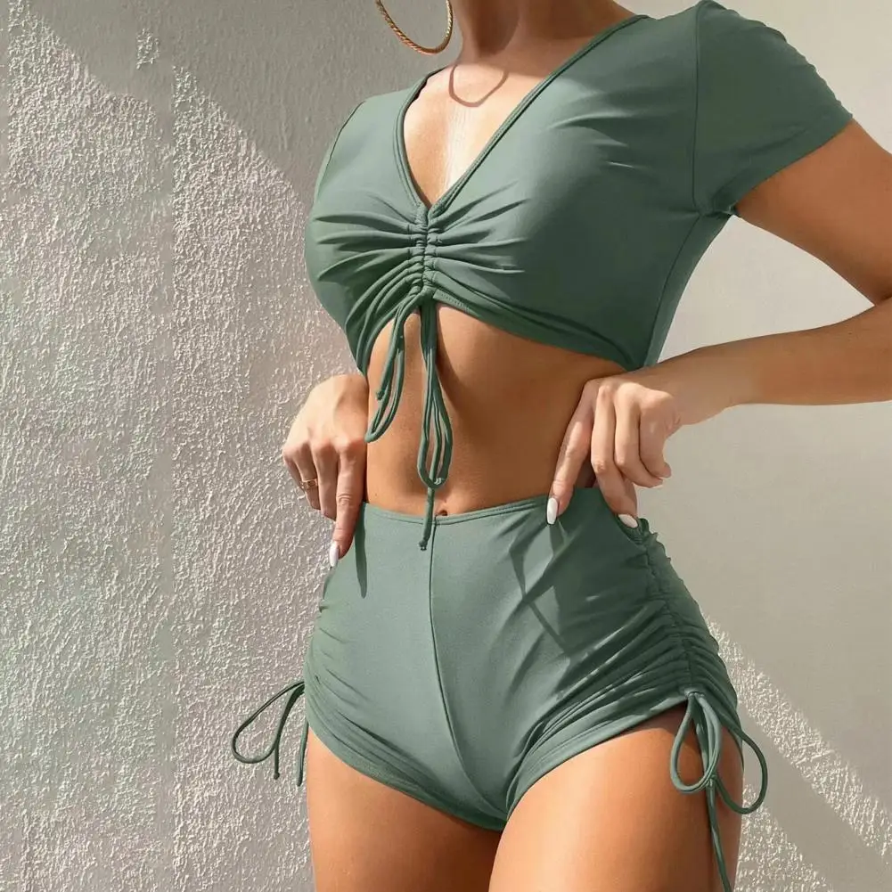 Women Summer Bikini Set V-Neck Short Sleeve Tops High Waist Drawstring Swimming Trunks Swimsuit bikini swimwear 2024