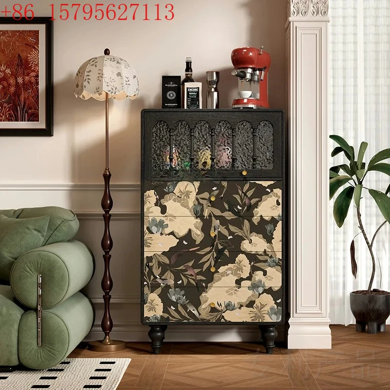 

French retro dining side cabinet solid wood four-bucket living room tea cabinet sofa side drawer cabinet