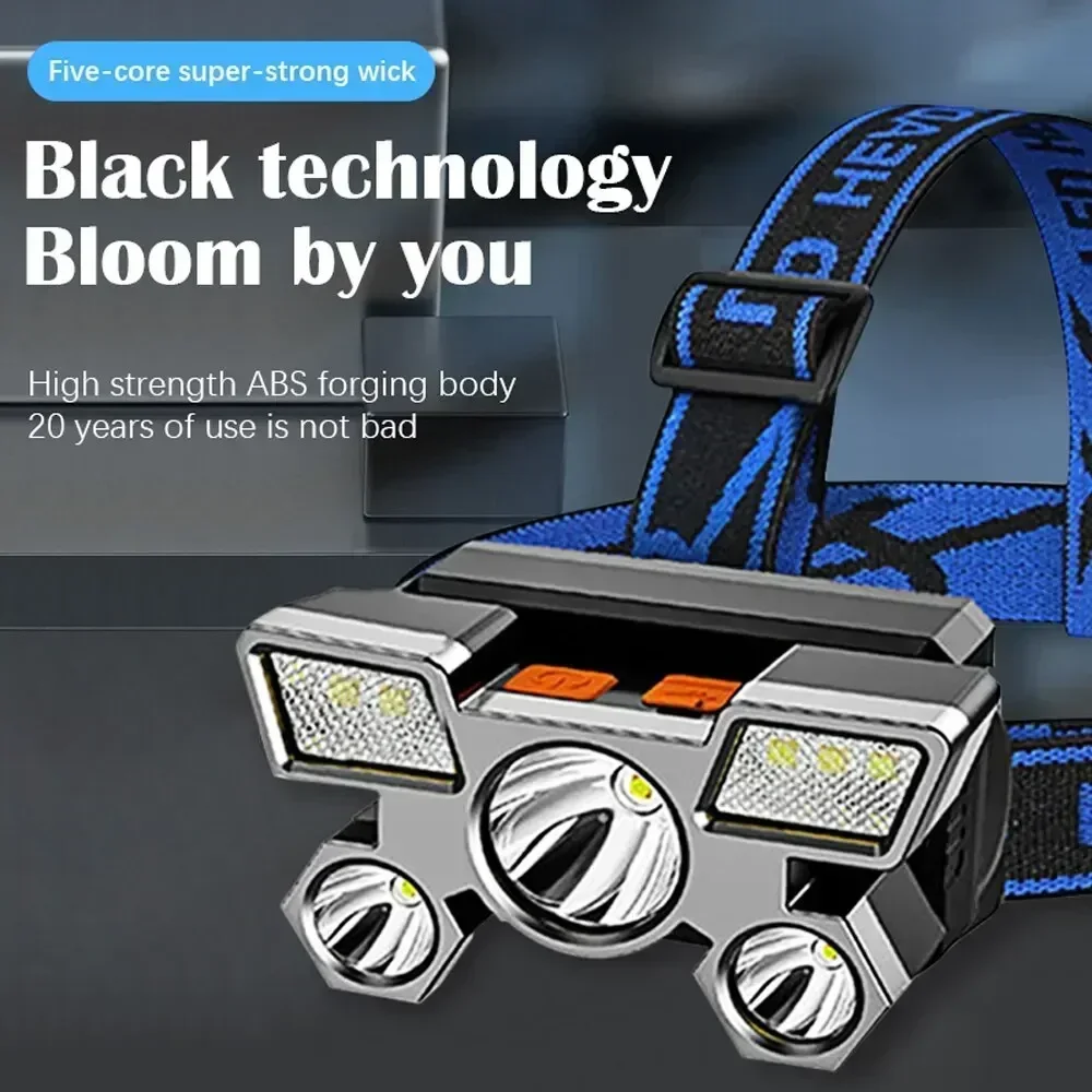 5 LED Headlamp Rechargeable with Built in 18650 Battery Strong Light Headlight Camping Adventure Fishing Head Light Flashlight