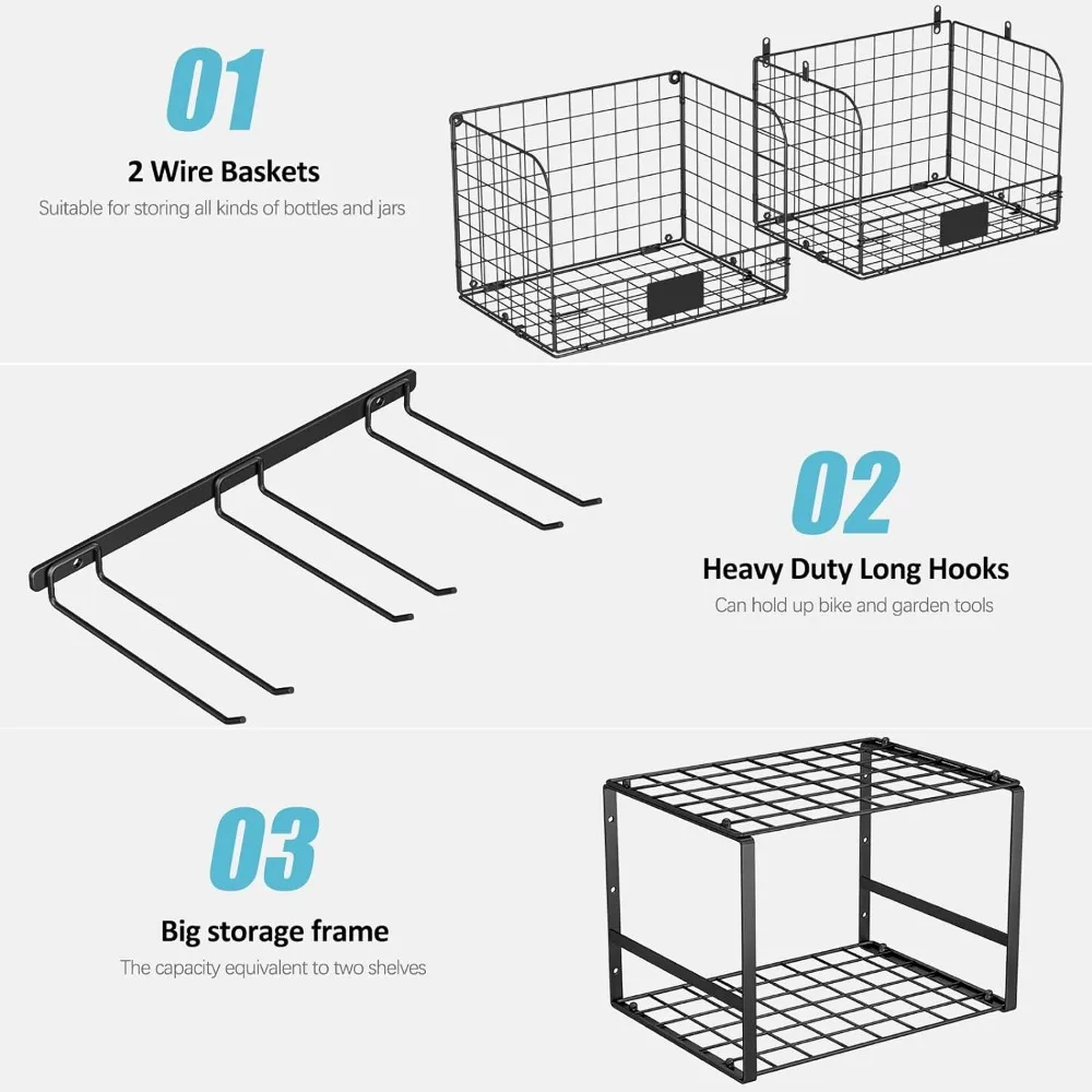 Prateleira de garagem de parede com Cestas de Arame, Heavy Duty Wall Shelving, Garden Tool Rack e Ganchos