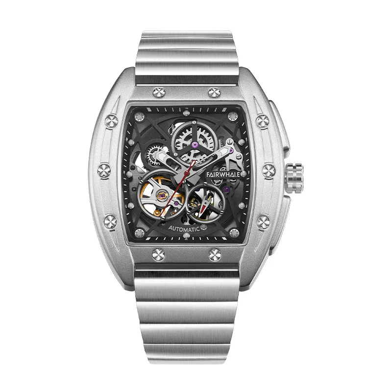 FAIRWHALE Luxury Automatic Mechanical Watches for Men WristWatch Waterproof Skeleton Wrist Clock Male Tonneau Watch reloj hombre