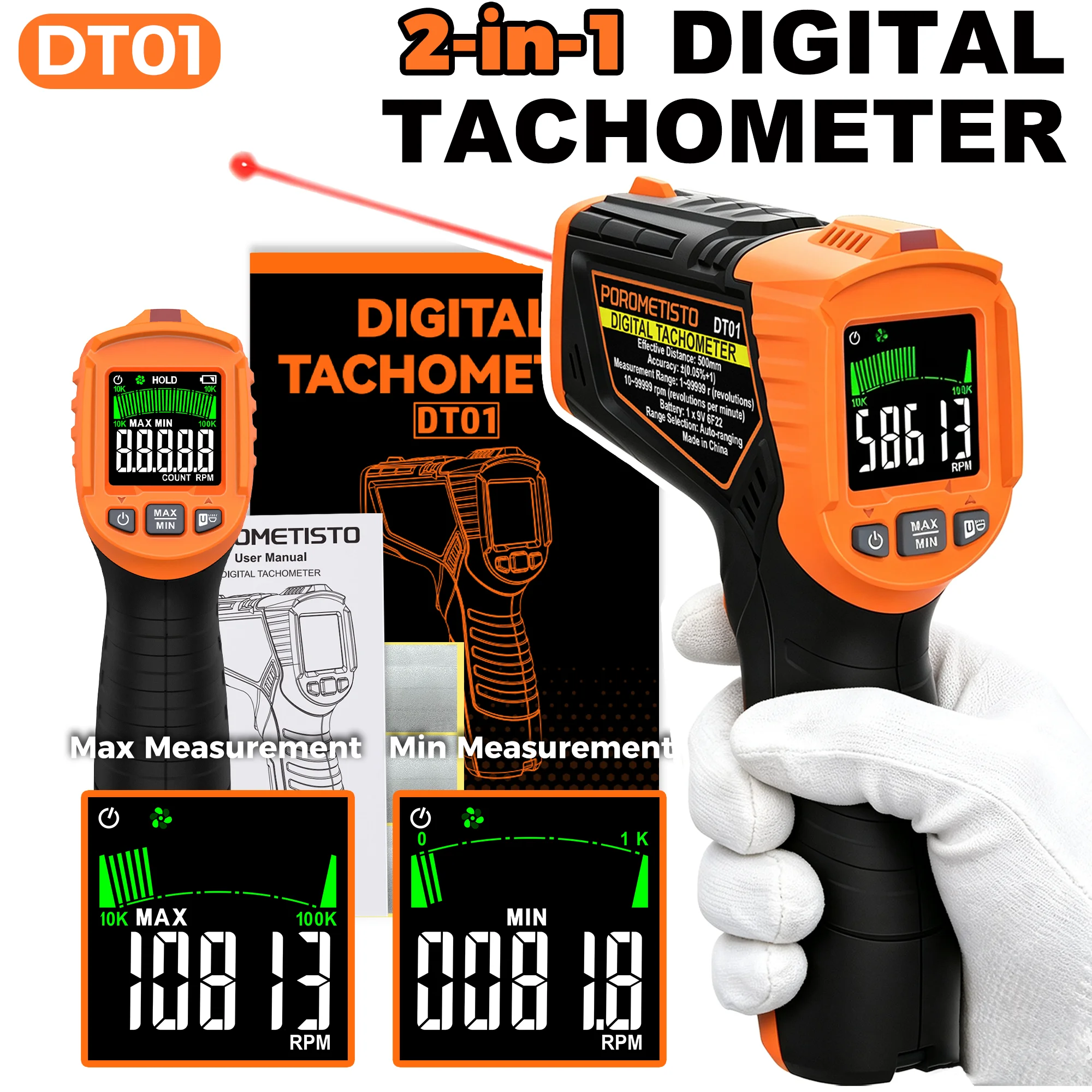 DT01 Digital Laser Tachometer Non-Contact Handheld Tachometer With Counting Measurement 10-99999RPM Range Motor Speed Meter