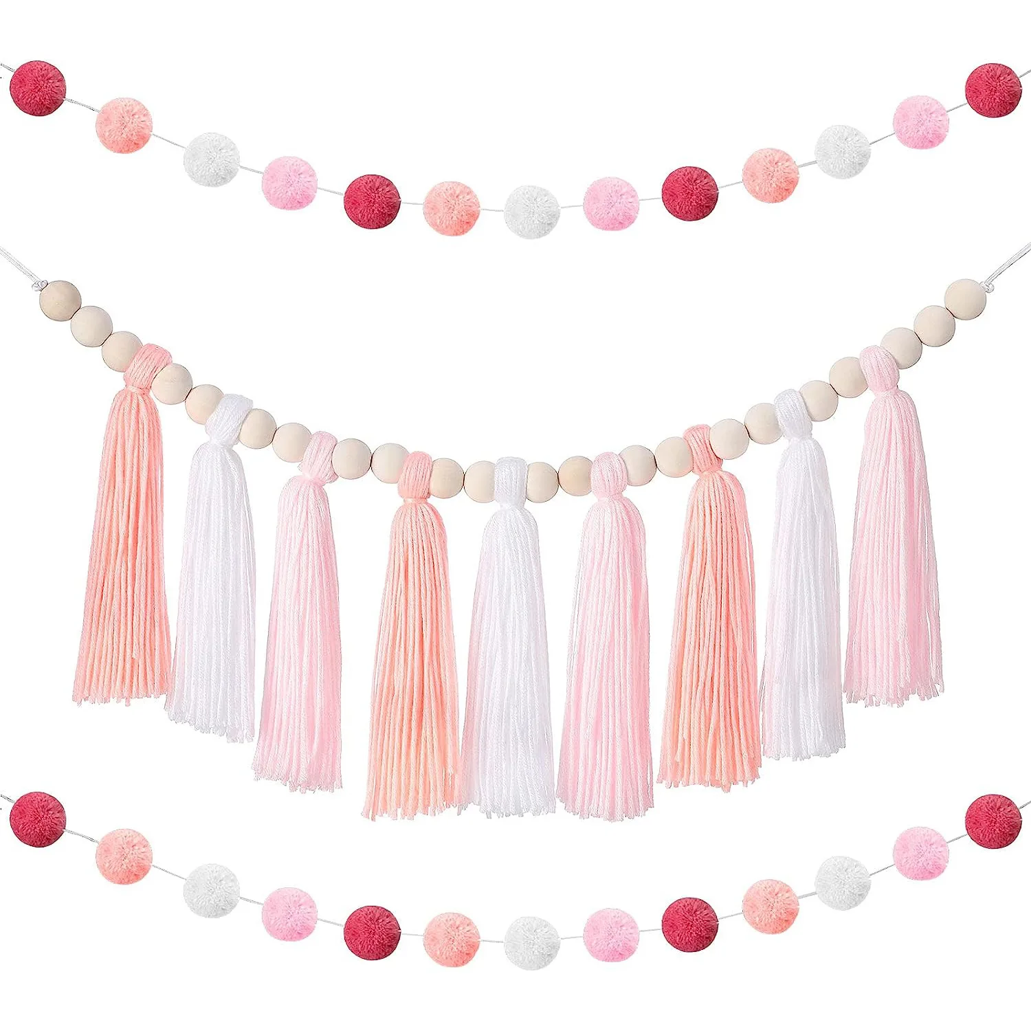 Christmas Tassel Garlands with Wood Beads Wall Hanging Decor,Classroom Home Decor Pastel Tassel Garland with Pom Pom Balls