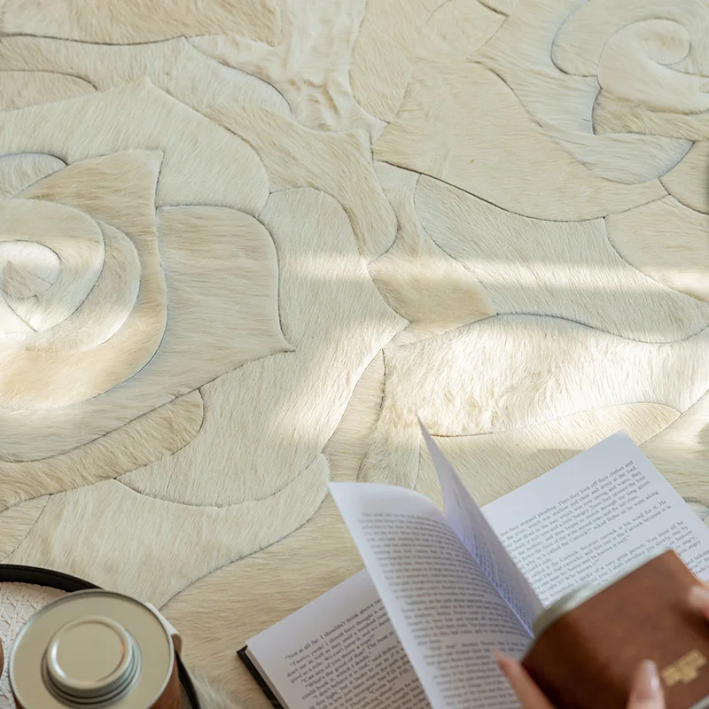 Circular Rugs Creative Flower Design Cowhide Carpet for Living Room  Handmade Patchwork Natural Cow Hide Modern Parlor Sofa Mat