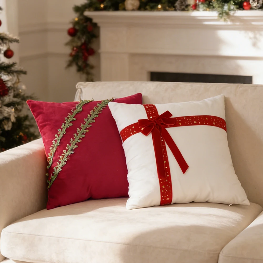 BUYNOW 1PC Velvet Leaf Bow Lace Pillowcase Without Filler American Vintage Christmas Vibe Sofa Bedroom Cushion Cover Home Decor