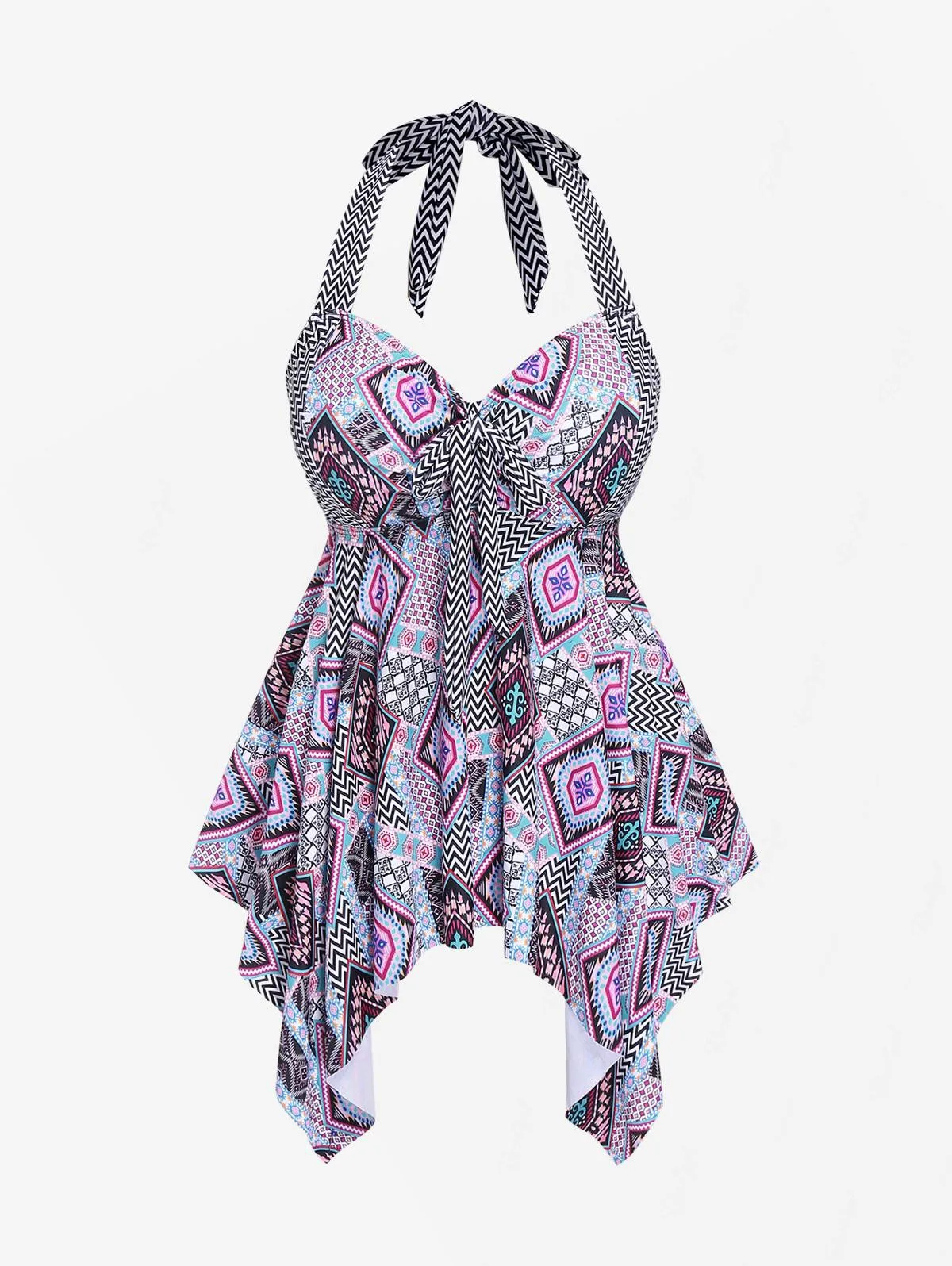 Damski strój kąpielowy Rosegal Plus Size Geo Bowknot z wycięciem i wiązaniem na szyi, bez ramiączek, z chusteczką