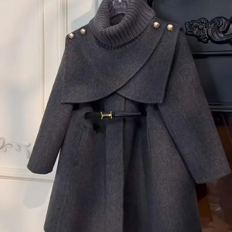 Girl's Wool Coat Autumn/Winter Wool Overcoat Cape with Removable Scarf Mid-Length for Children