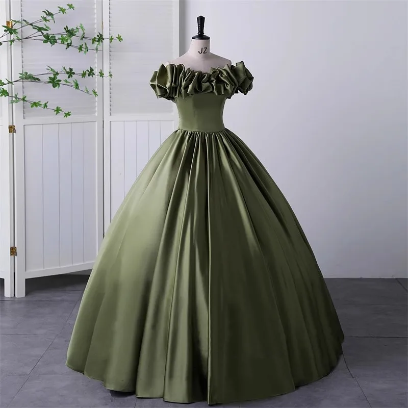 Plus Size Satin Short Sleeves Ruffle Army Green Color Elegant Cocktail Dresses Robe Coktail Femme Longue Ball Gowns