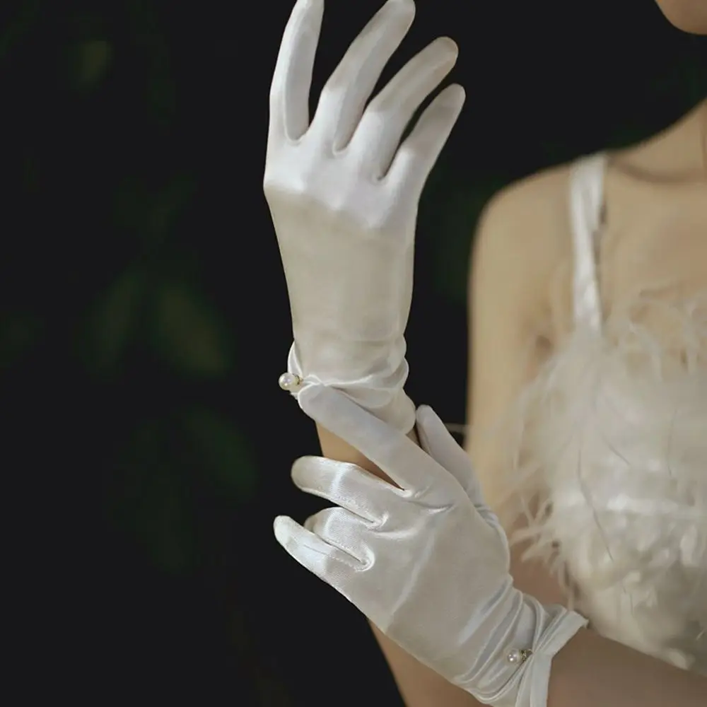 Party Elegant Satin Bridal Lolita JK For Girls Pearl Women Wedding Gloves Full Finger Gloves Korean Driving Mittens