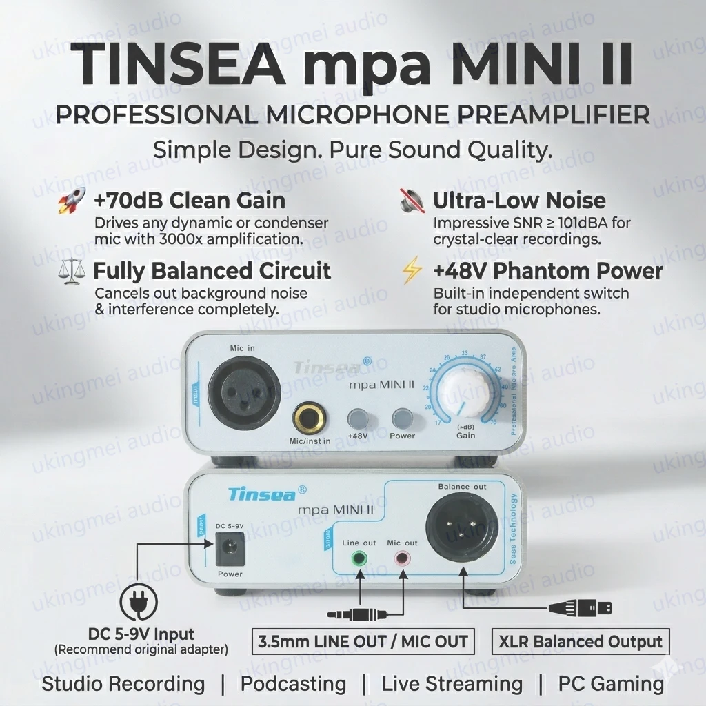 

Tinsea MINI II Portable Audio Preamplifierfor Studio Recording Ultra-Low Noise 70dB Gain Preamp for Condenser Dynamic Microphone