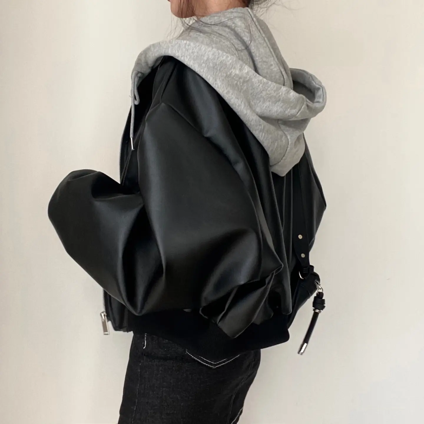 Chic Autumn Winter Loose Casual Double ket Zipper Versatile Fake Two-Piece Hooded Leather Jaet Outerwear for Women