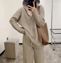Women Pant Sets Knitted Casual Loose Sweater Two Pieces Set Hooded Drawstring Y2k Tops Slit Wide Leg Elastic Waist Pants Suits