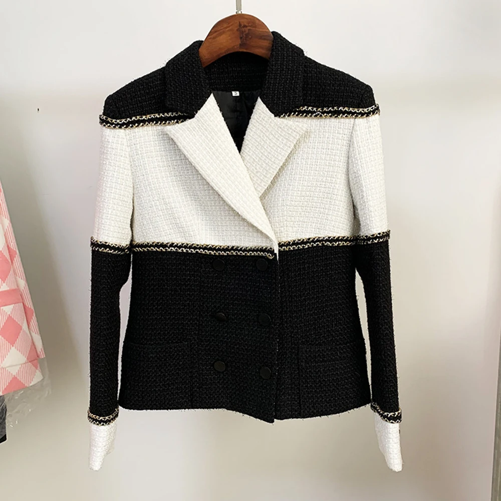 TWOTWINSTYLE Hit Color Spliced Pocket Elegant Coat For Women Notched Collar Long Sleeve Patchwork Double Breasted Blazer Female