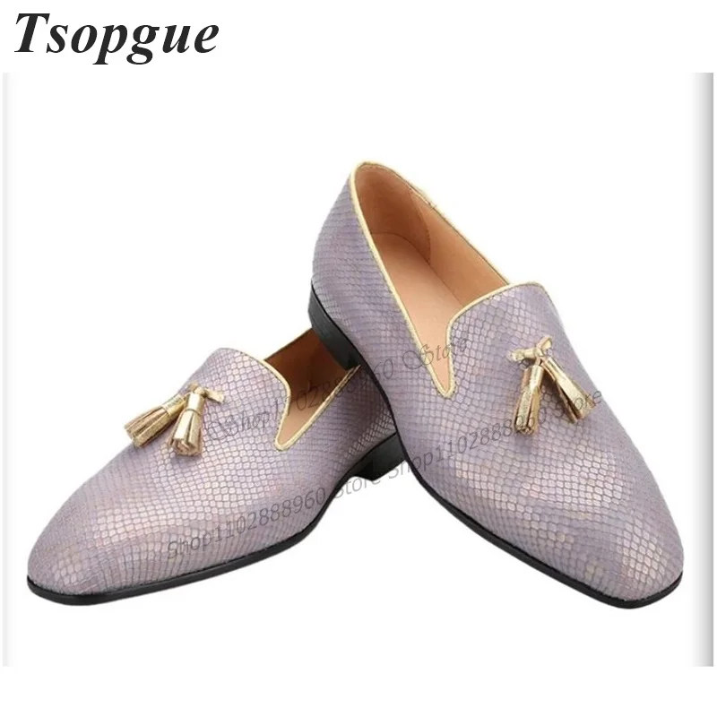 

Light Purple Snake Skin Short Fringe Men's Pumps Shoes For Men Slip-On Runway Casual Party Shoes 2023 Fashion Zapatillas Mujer