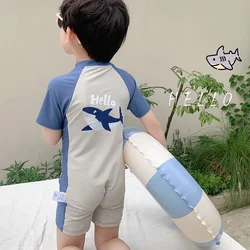 New Kid's One-piece Short-sleeved Swimsuit Boys Summer Cute Shark Sunscreen Quick Drying Swimwear Beach Vacation Clothing