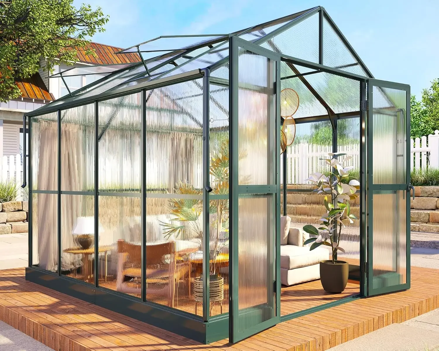 7.5x7.6x7.4 FT Outdoor Aluminum Polycarbonate Greenhouse with Ventilation and Rain Gutter, Double Swing Doors with Hook