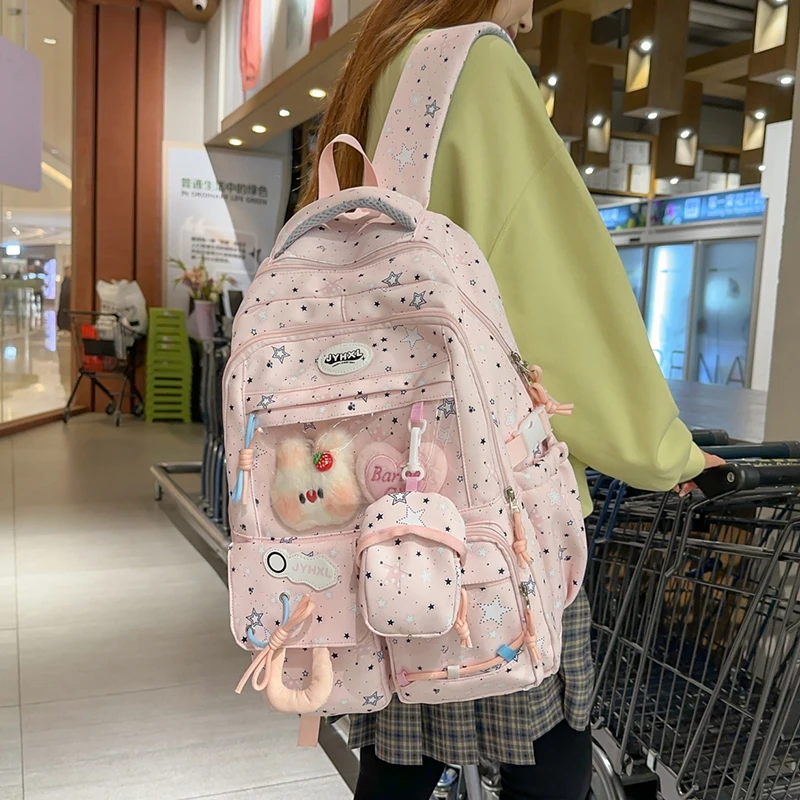 

Женский рюкзак с принтом звезд, с множеством карманов, прозрачным окном для показа содержимого, плюшевым брелоком, регулируемым ремнем, повседневный, для школы, 2026