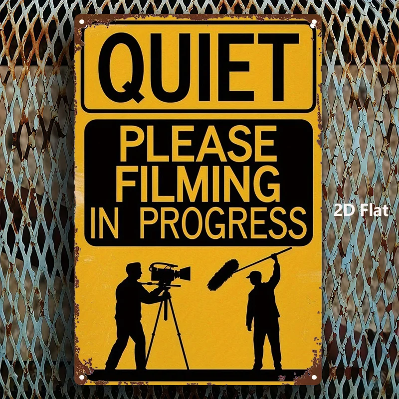 2D Vintage Metal Sign Silent Shooting Yellow Warning Plate Retro Wall Decor for Home Cafe Bar Garage