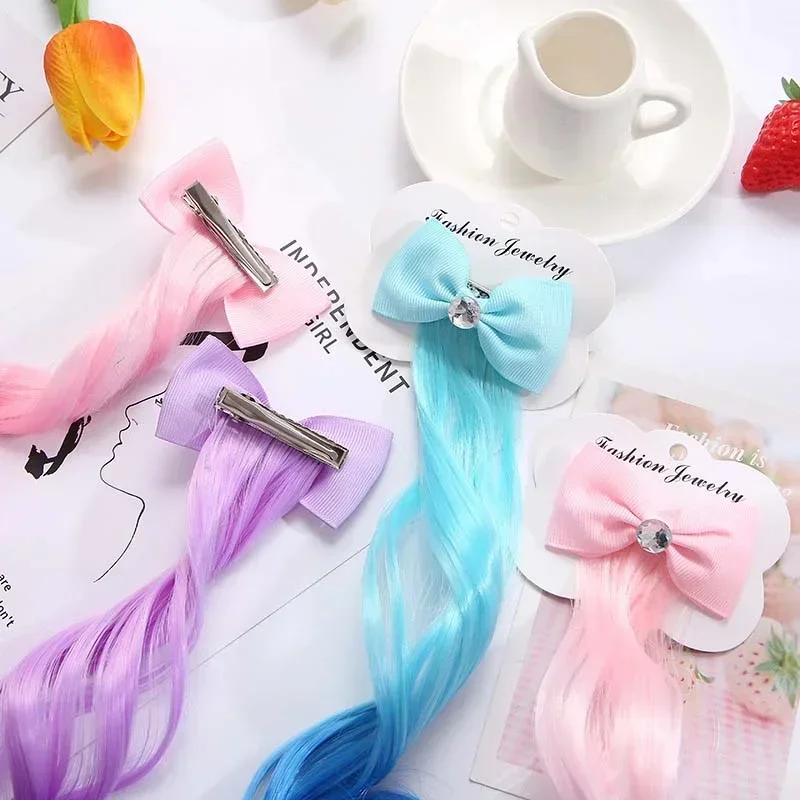 Cute Children Gradient Bow Hair Clips Headdress Ponytail Hair Ropes Baby Girls New Colorful Wig Pigtail Elastic Kids Headwear