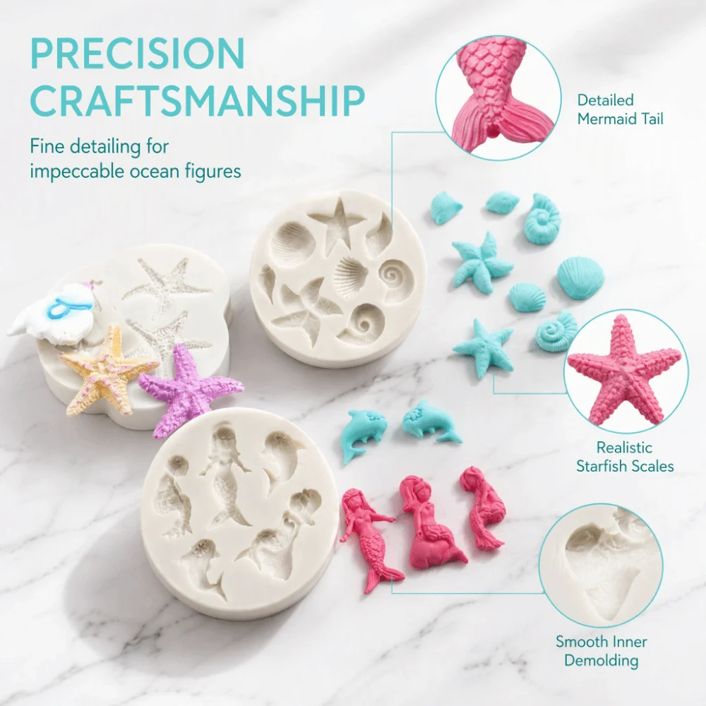 3PCS Flexible Mermaid Tail Silicone Mold Heat Resistant Non-Stick Ocean Theme Fondant Mold Food Grade Silicone DIY Cake Mold