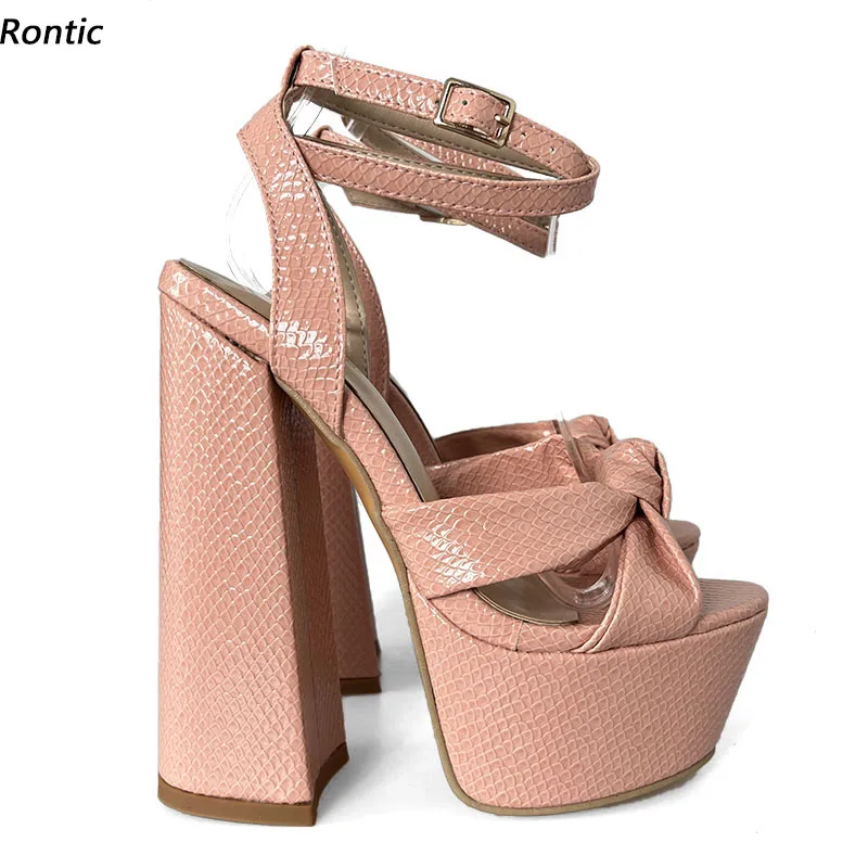 Rontic Hot Handmade Women Platform Sandals Ankle Strap Block Heels Open Toe Gorgeous Pink Dress Shoes Ladies US Size 5-15