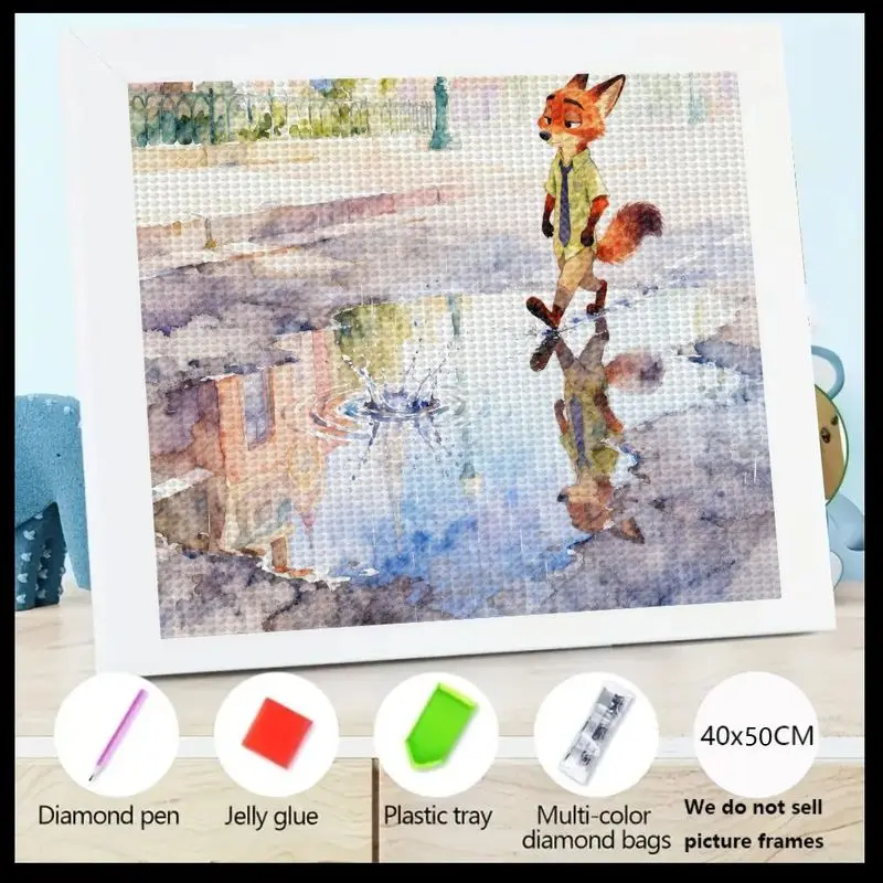 

1 шт., 5D полный дрель, набор для алмазной живописи «сделай сам», очаровательная мультяшная лиса (вдохновленная зверополицей), ступенька в сцена из лужи, хрустальный драгоценный камень, искусство S
