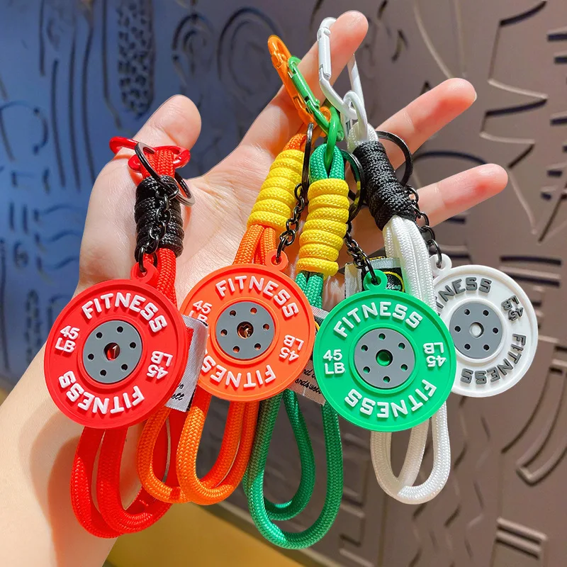 Cool Barbell Hand Rope Carabiner Key Chain for Fitness Enthusiasts Gift Flat Bench Press Colorful Barbell plates Doll Keyring