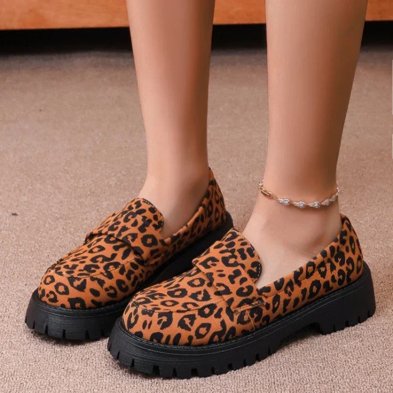 

Women's Fashion Leopard Patchwork Slip-on Loafers Chunky Heel Platform Flats 2025 New Moccasins Casual Shoes Plus Size Zapatos