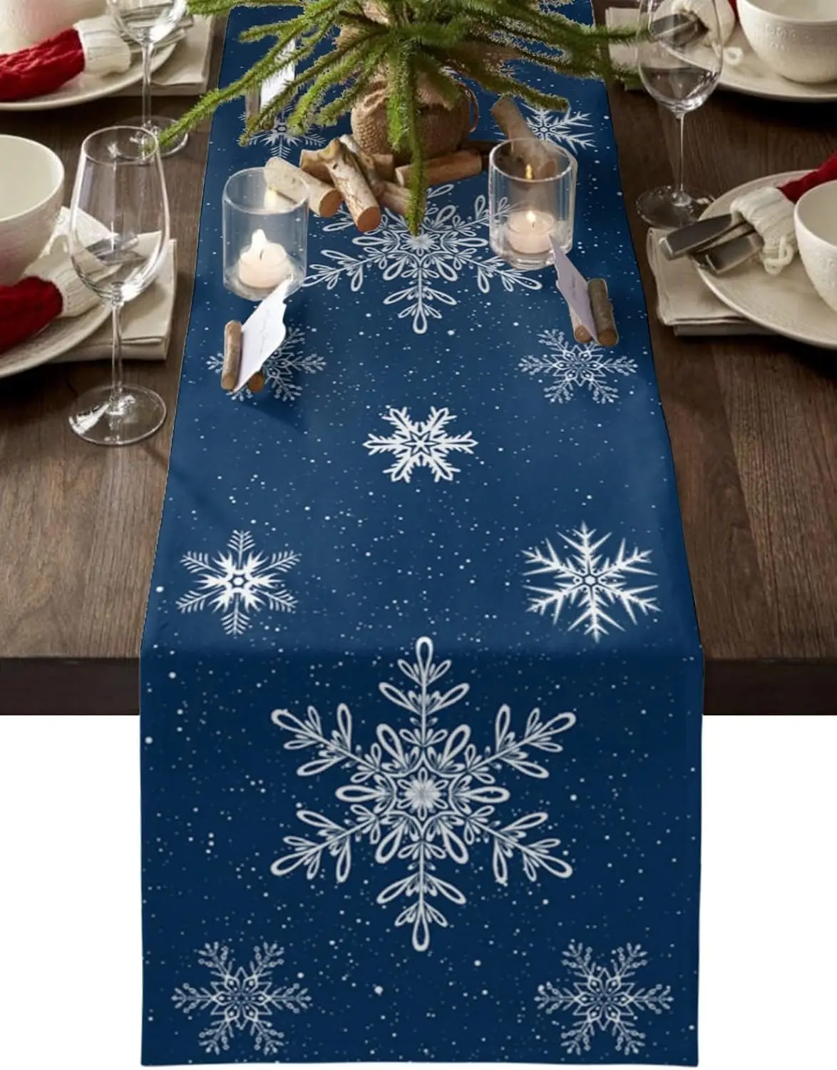 Runner da tavolo natalizi in lino con fiocco di neve blu navy, comò, sciarpa, decorazione, runner da tavolo da pranzo da cucina lavabili,