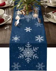 Christmas Navy Blue Snowflake Linen Table Runners Dresser Scarf Decor Washable Kitchen Dining Table Runners Christmas Decoration