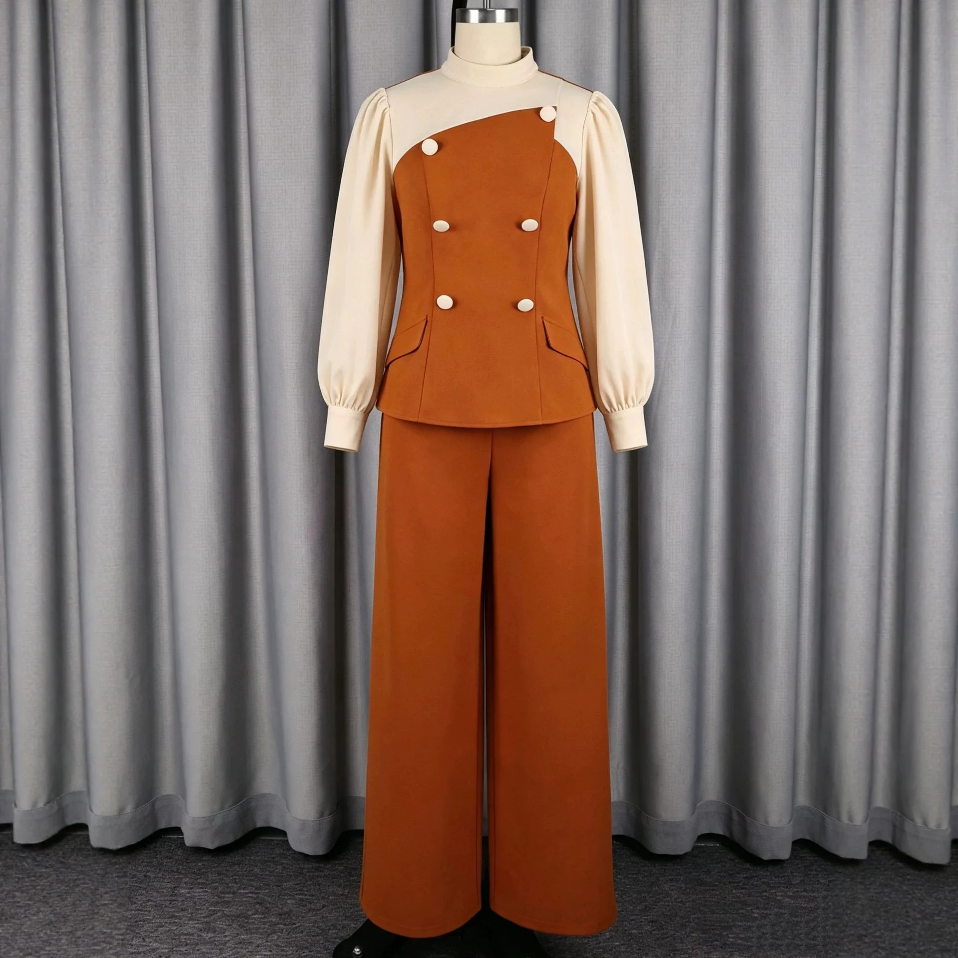 New Autumn. Color-blocked Random Two-piece Set: Elegant Lady Cloth Outfit With A Patchwork Waist-cinching Ruffled Top And Wide-l