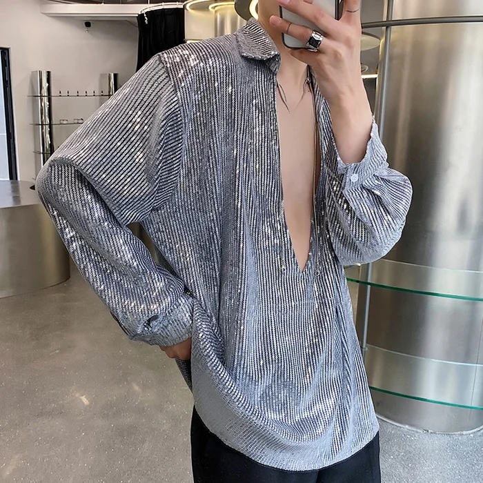 

Свободная посадка Deep V Ne iny Sequin irt ex Club Nightclub Sle Fla Stage Performance Верхняя кнопка вниз Long Sve