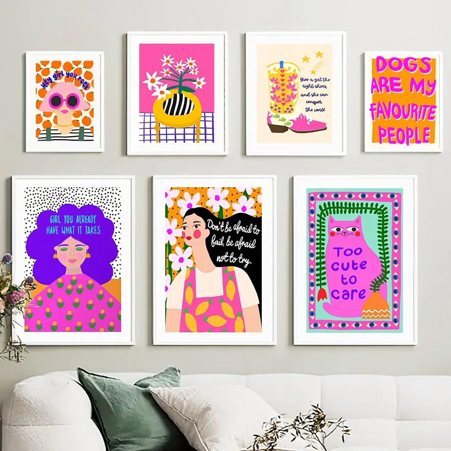 الرسم على لوحات القماش الجدارية نظارات فتاة الموضة إقتباس الملصقات والمطبوعات الملونة فن البوب غرفة المعيشة الديكور صور الاطفال المنزل