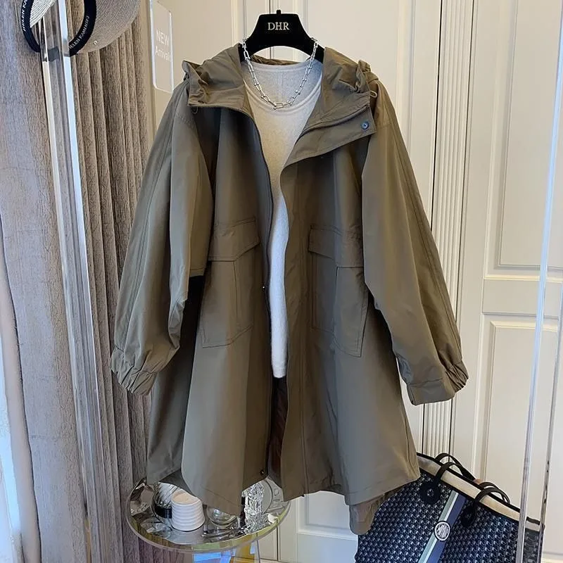 Girls' Autumn 2025 New Hooded Trench Coat Casual Oversized Double Pockets Patchwork Design