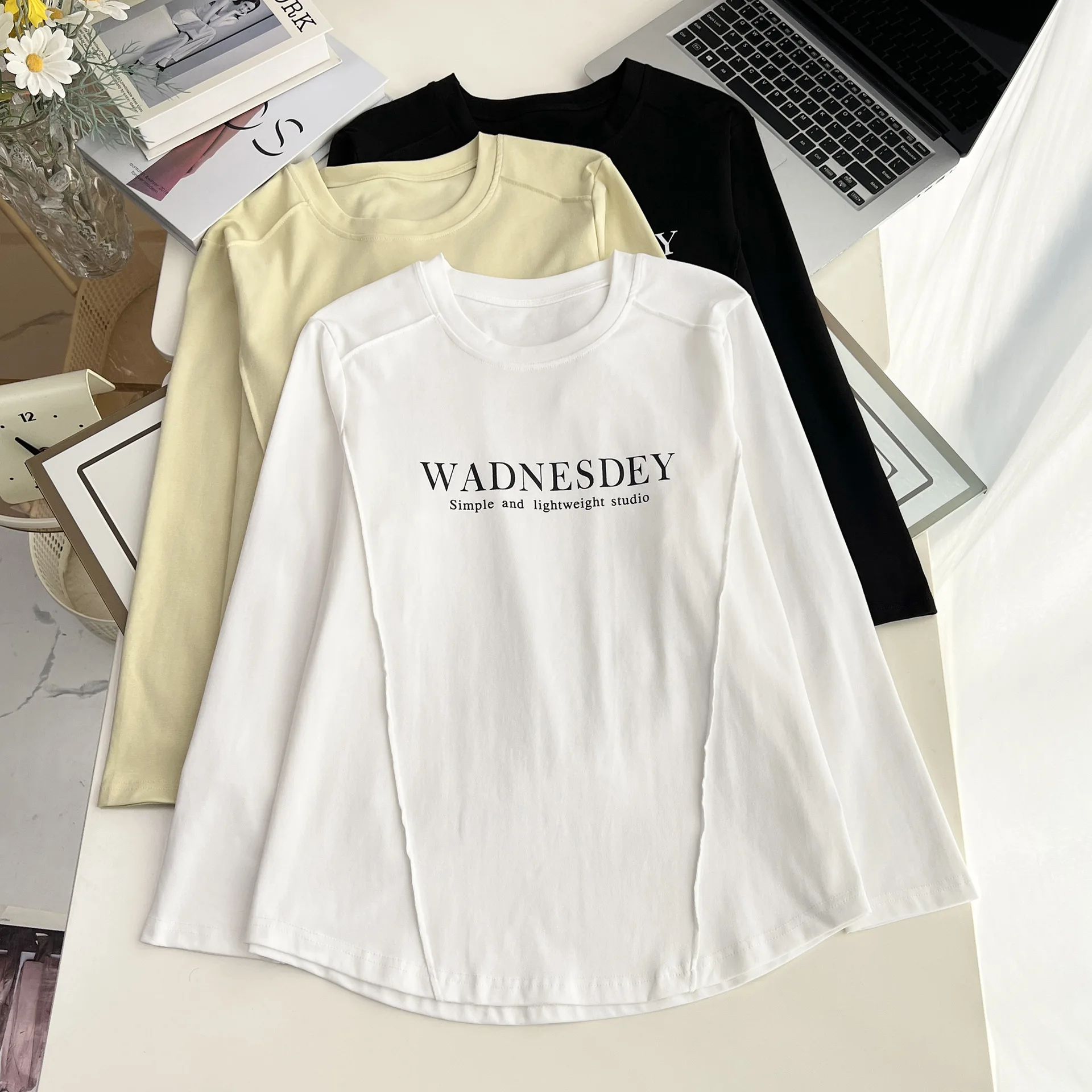 Fashion Plus Size Women's T-Shirt Autumn New Simple Basic Letter Print Cotton Long Sleeved Tops 661