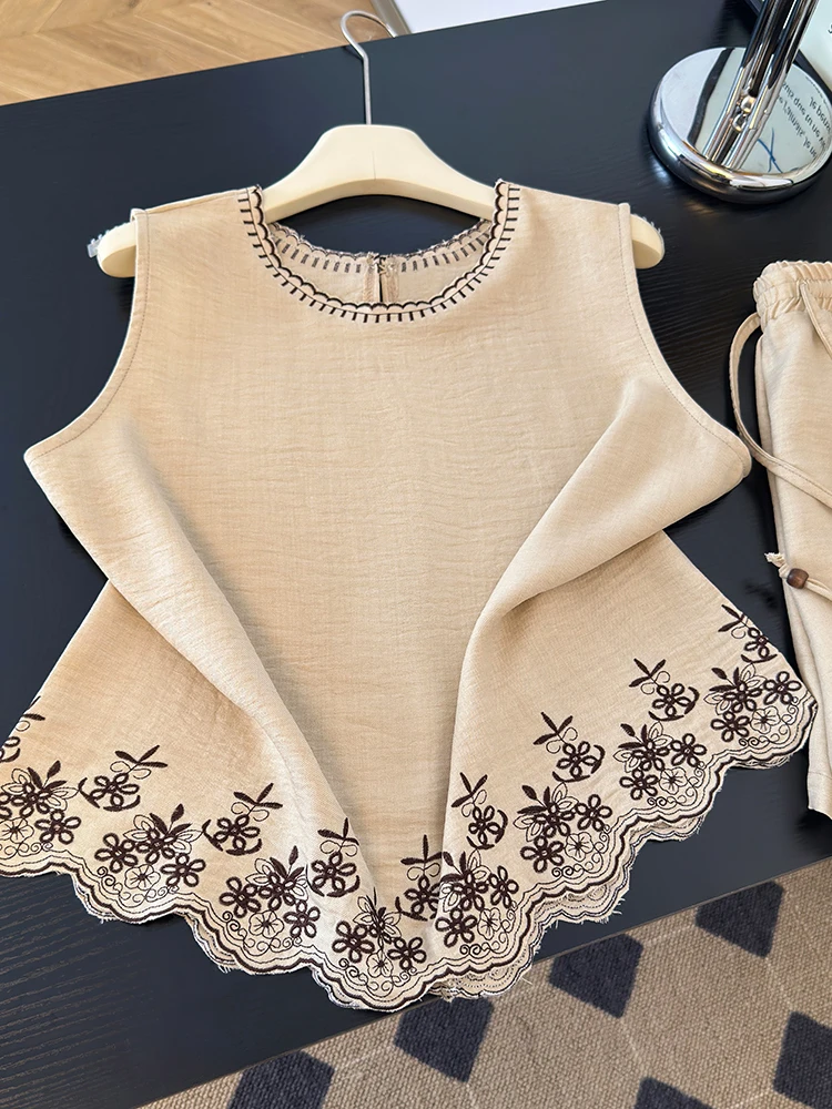 Summer Casual Sporty Cotton Linen Embroidered Tank Top Shorts Two-Piece Set Women's Thin Loose Fit Vest And Pants Ensemble
